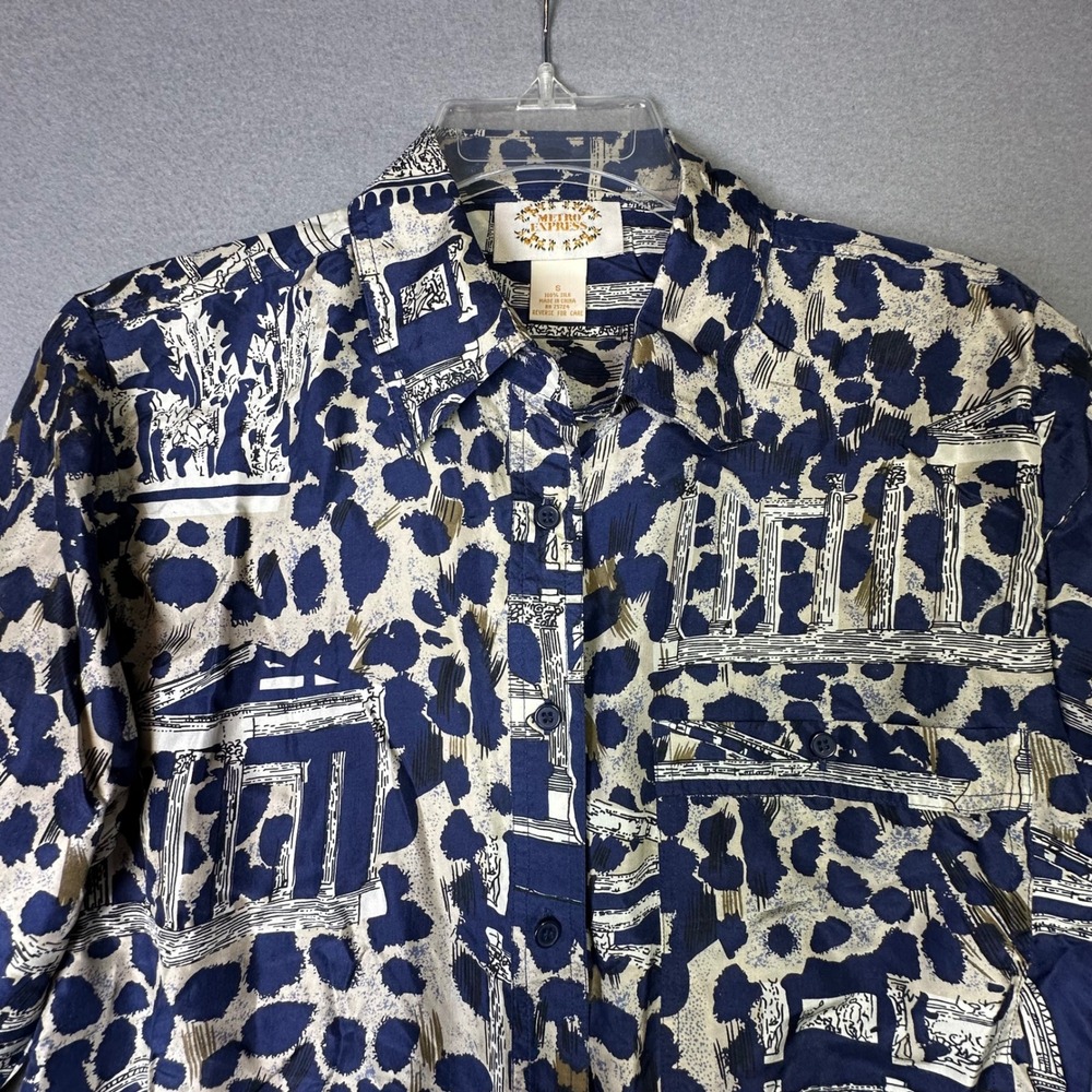 Metro Express 100% Silk Blouse Architectural Animal Print Blue Cream Vintage S - Picture 2 of 9